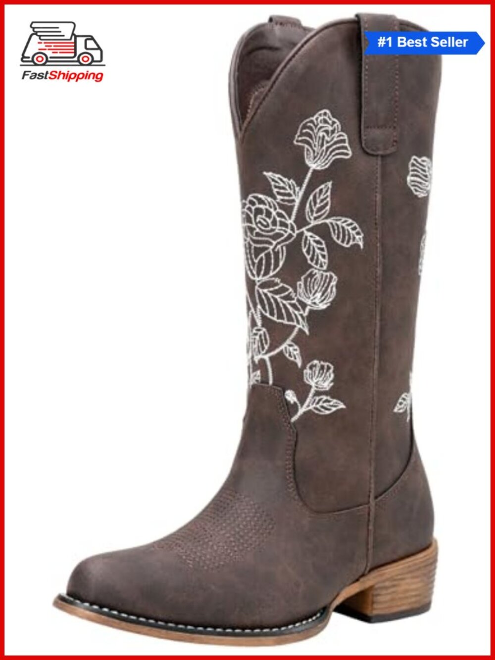 Western Cowboy Boots Mid Calf Floral Embroidery Low Heel Side Zip Women's